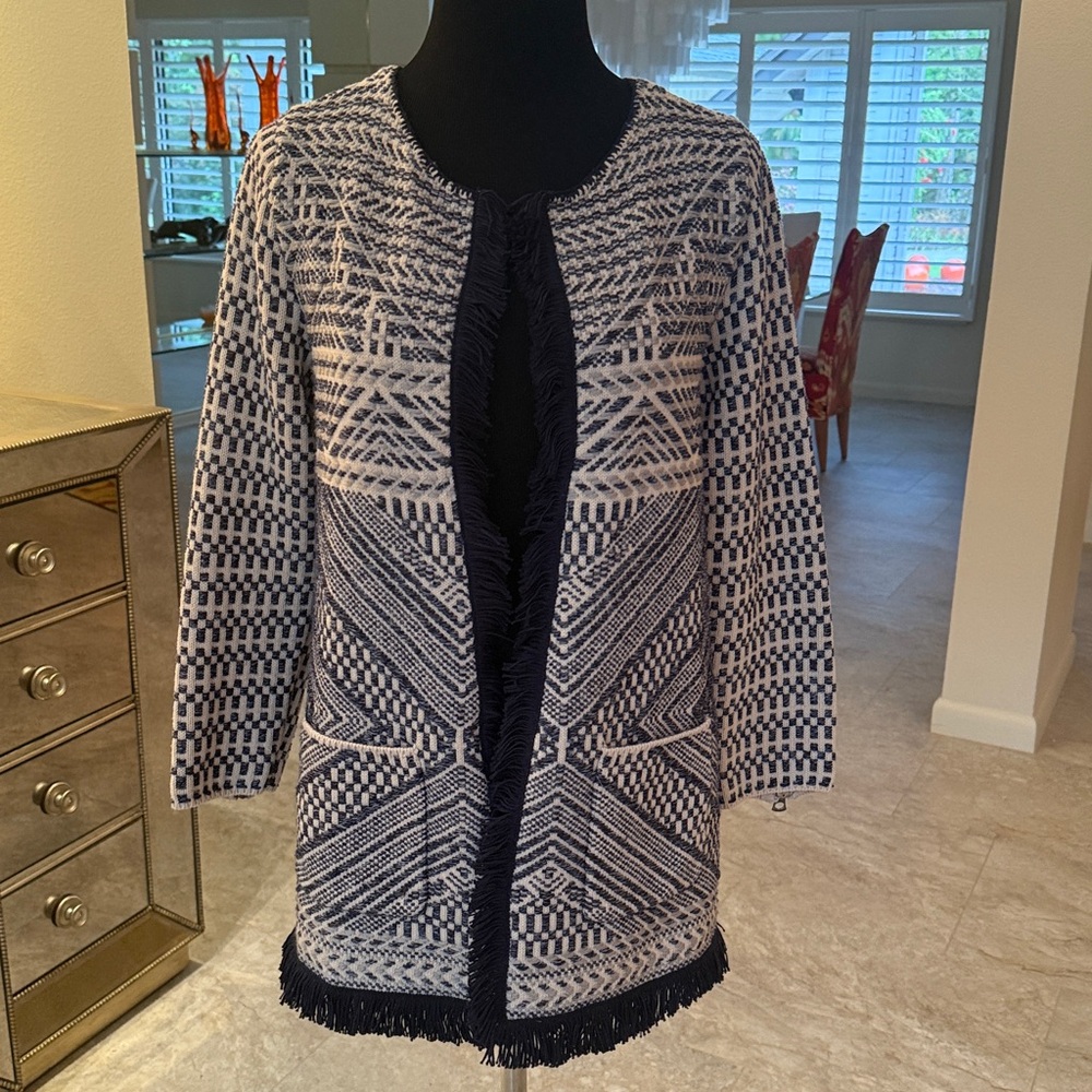 Lucky Brand Fringe Cardigan Blue and Cream Aztec Print Jacket